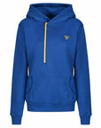 Blue and yellow motorcycle helmet hoodie from Moto Girl from front  zipped up