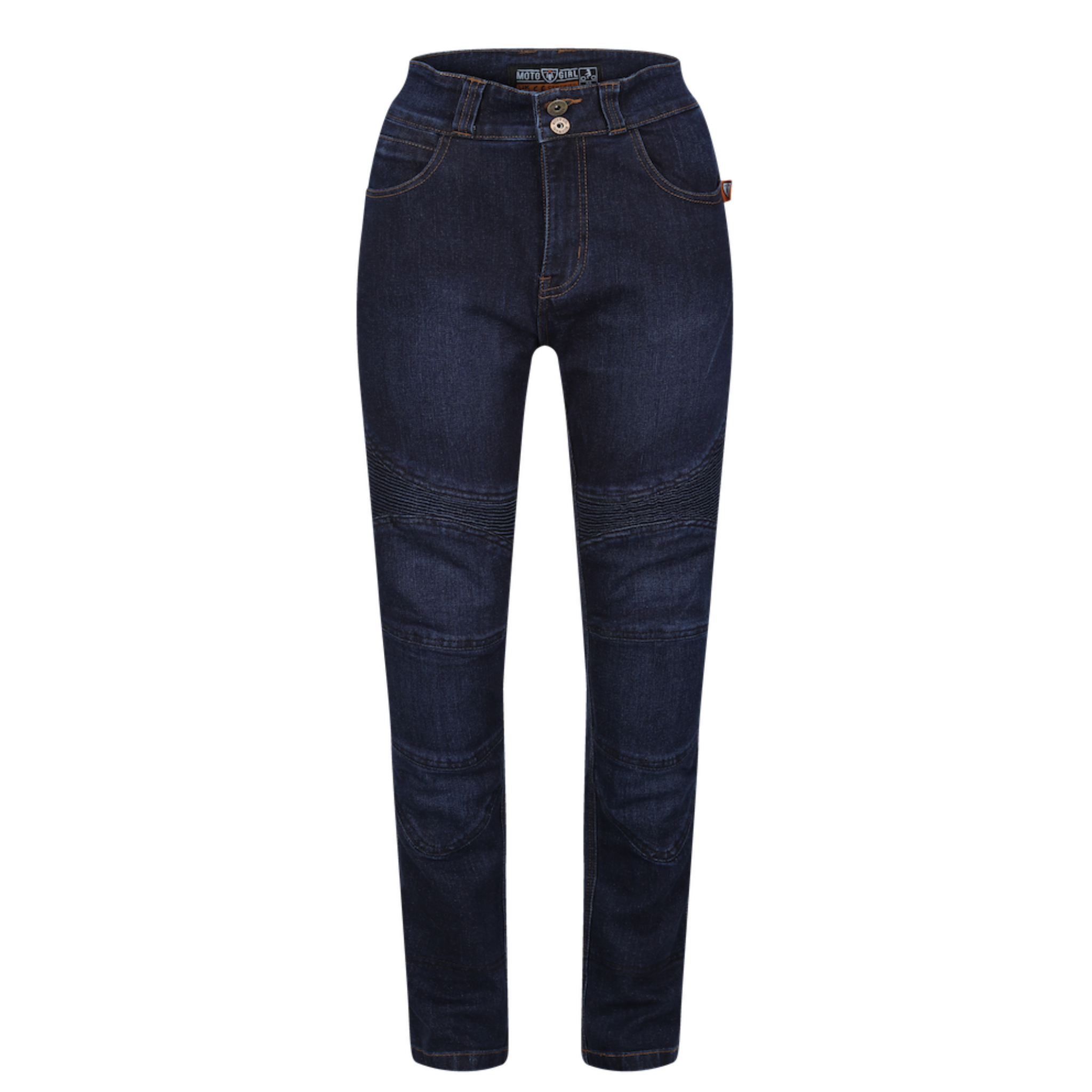 Blue women&#39;s motorcycle jeans with two buttons from Moto Girl