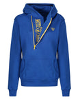 Blue and yellow motorcycle helmet hoodie from Moto Girl from front 