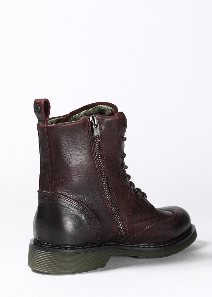 a Women&#39;s motorcycle boot in burgundy from John Doe from the back