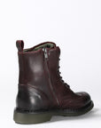 a Women's motorcycle boot in burgundy from John Doe from the back