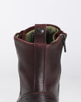 a close up of details of Women's motorcycle boots in burgundy from John Doe