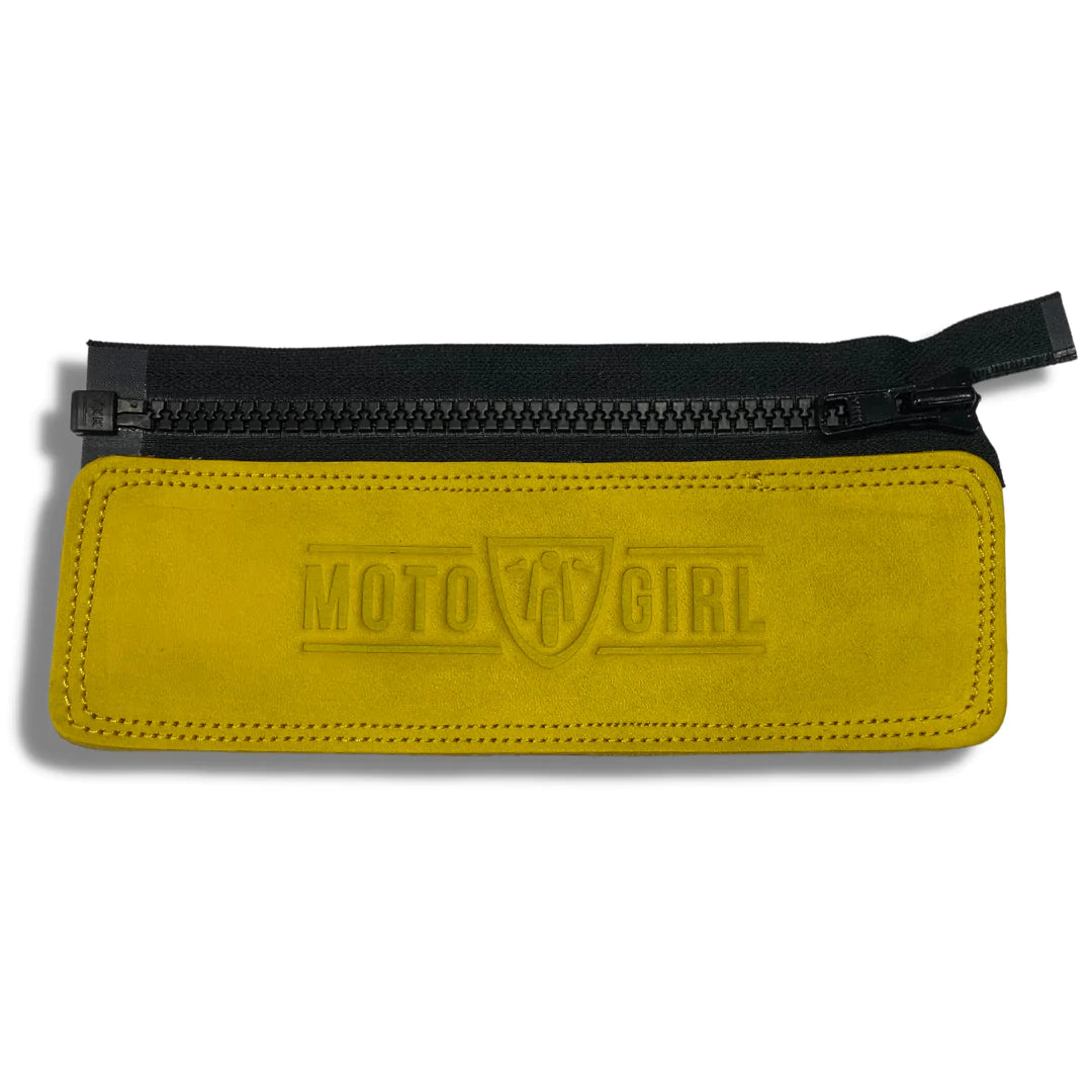 Yellow jacket belt connector with MotoGirl logo
