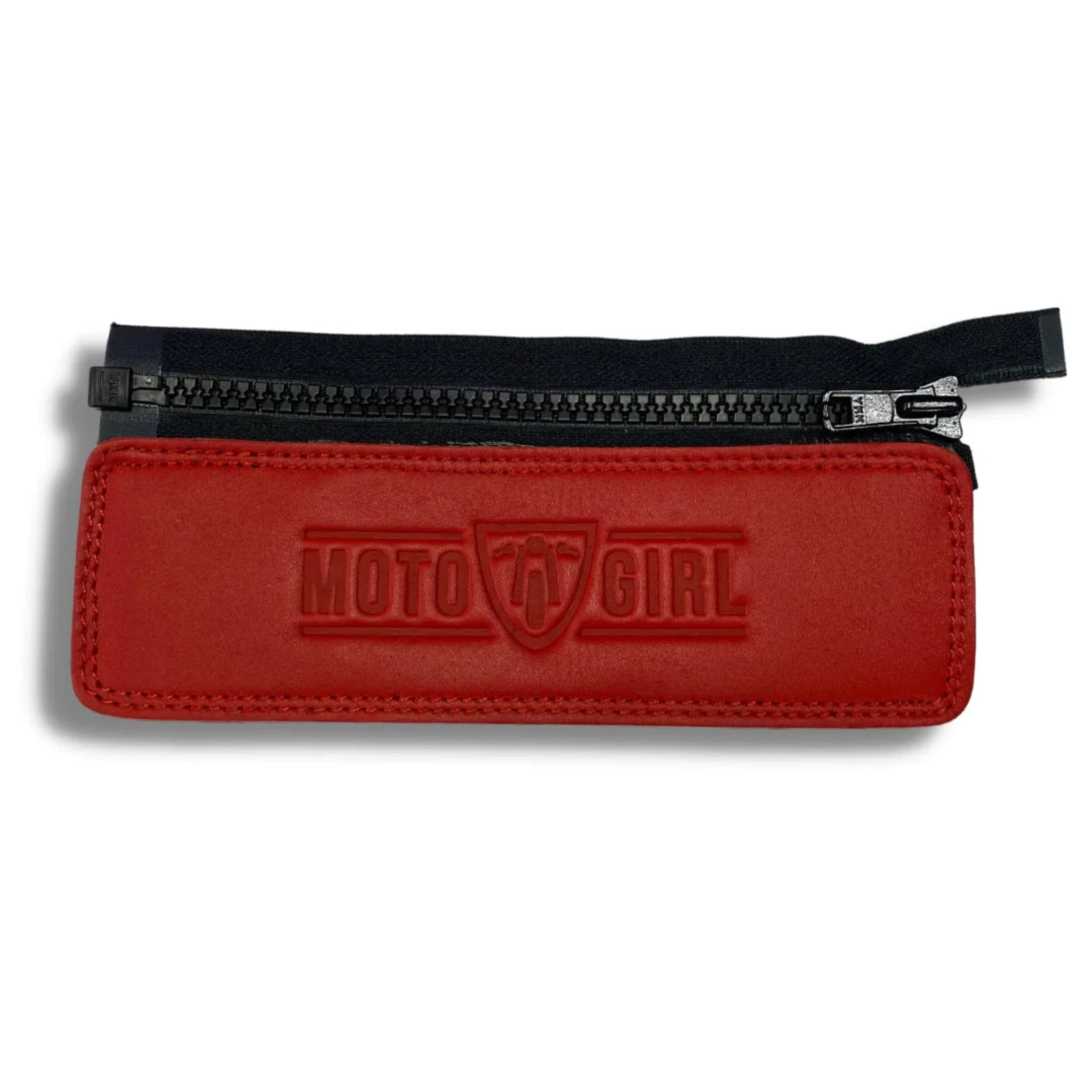 Red jacket belt connector with MotoGirl logo