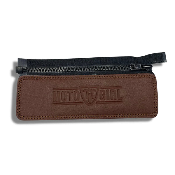 brown jacket belt connector with MotoGirl logo