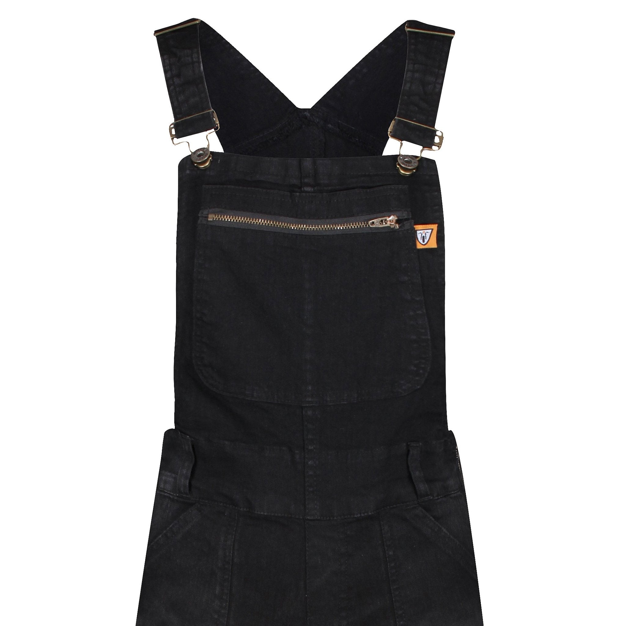 Black kevlar motorcycle overall for women with zipper pocket detail from Motogirl close up front