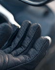 Fingers close up of black leather female motorcycle glove from Shima