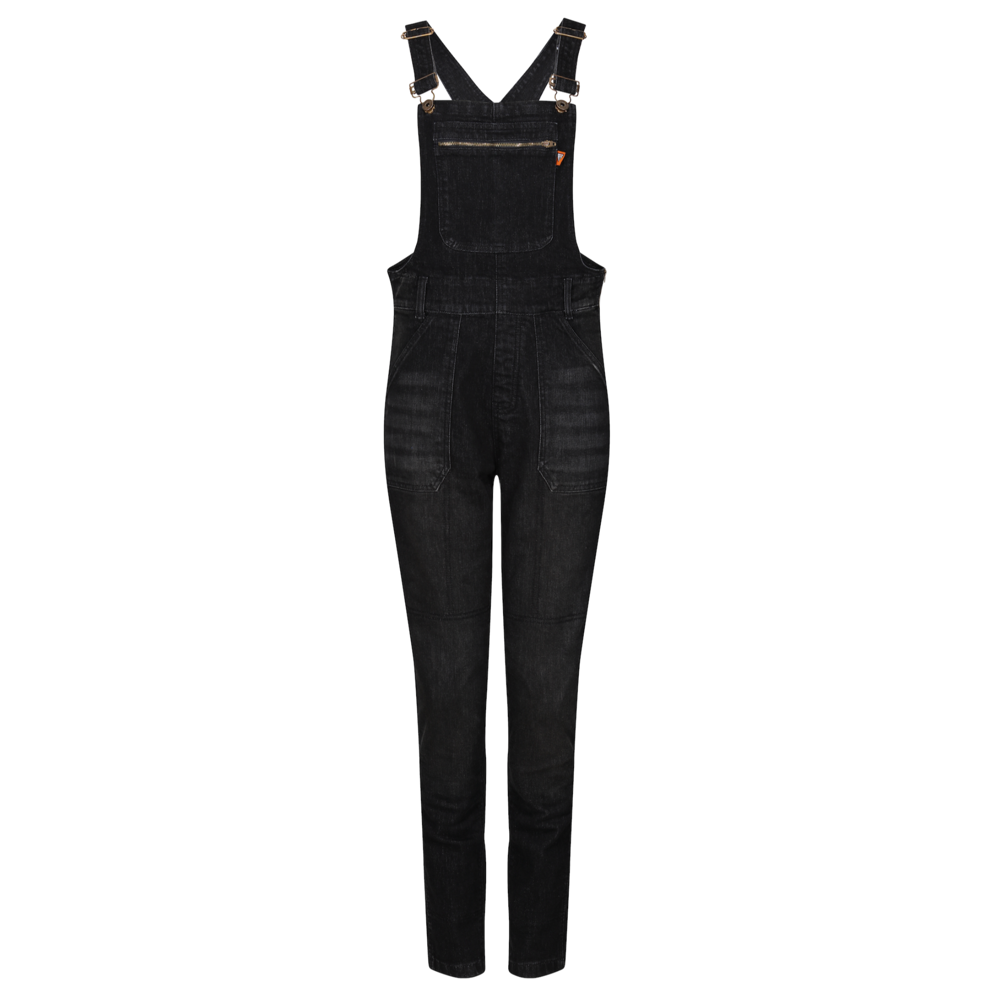 Black women's motorcycle overall from Moto Girl with zipper pocket detail on the chest