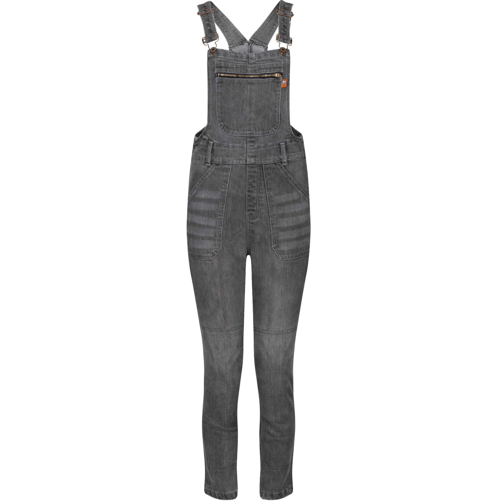 Grey women's motorcycle overall from Moto Girl with zipper detail on the chest