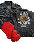 motorcycle leather jacket for women from Eudoxie with the wild flower illustration on the back