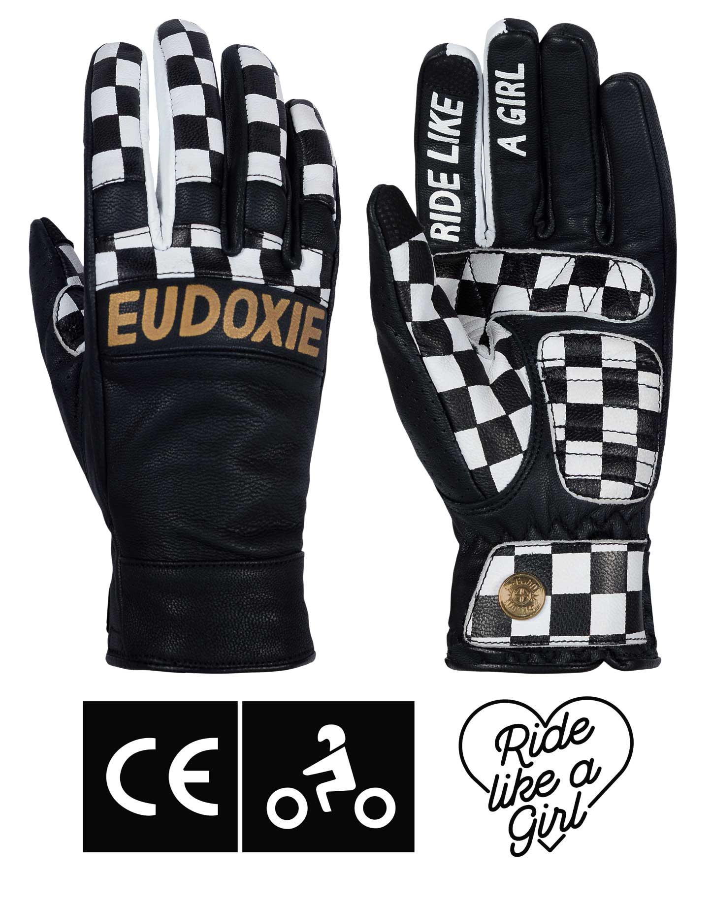 Black and white chessboard motives women&#39;s leather motorcycle gloves from Eudoxie