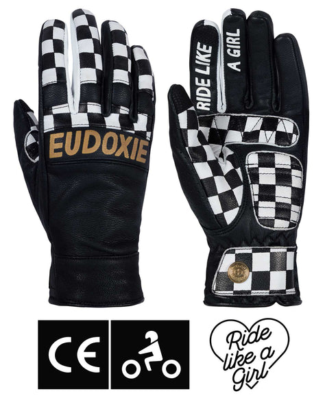 Black and white chessboard motives women's leather motorcycle gloves from Eudoxie