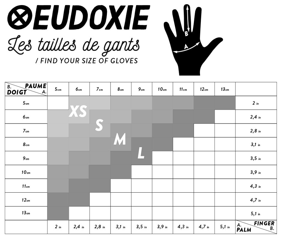 Size chart of Ride like a Girl pink, black and yellow women&#39;s motorcycle gloves from eudoxie