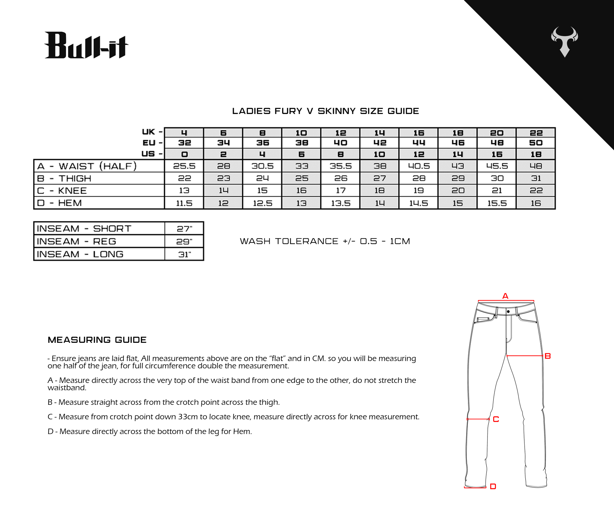 Size chart of Bull-it MOTORCYCLE JEANS