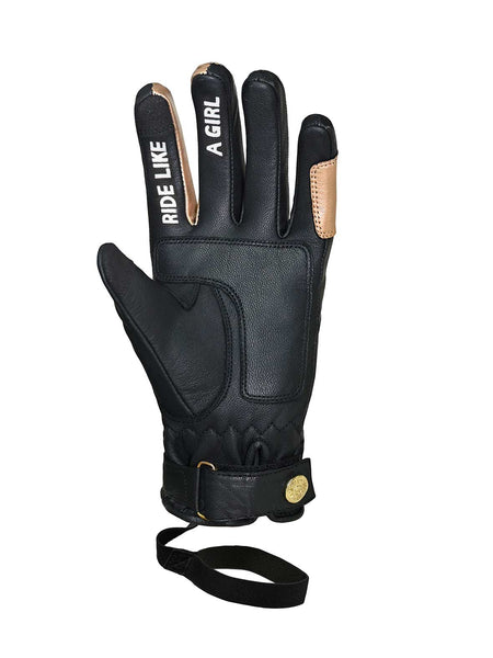 Black women motorcycle glove with RIDE LIKE A GIRL letters on the inner side