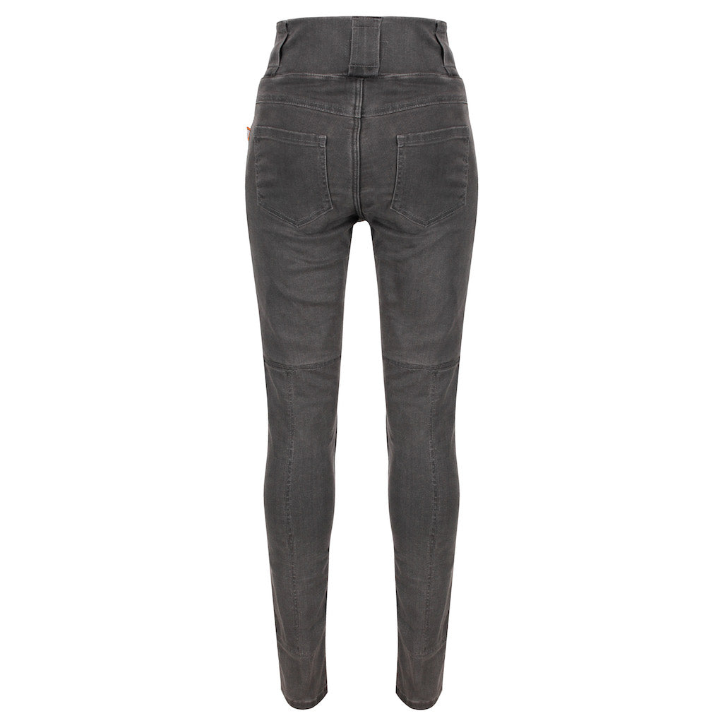 Grey Moto Girl female motorcycle jeggings with high waste from back