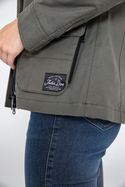 A close up of a pocket on olive green army style lady motorcycle shirt from john doe