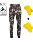 women camouflage motorcycle cargo pants from Moto Girl  with yellow impact protectors