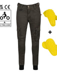 Olive green women's motorcycle cargo pants Lara from Moto Girl with yellow protectors