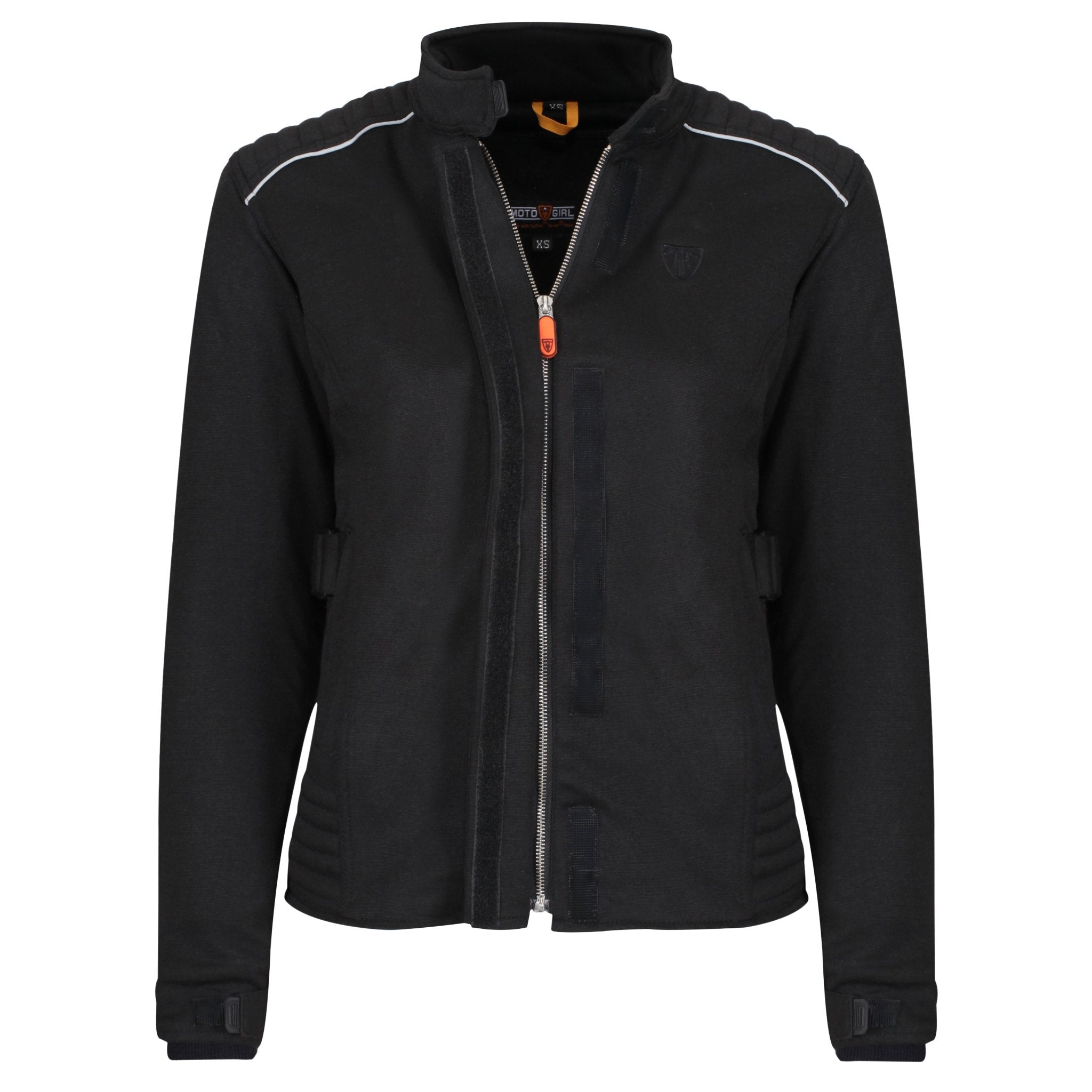 Women's textile black motorcycle jacket unzipped orange zip from moto girl