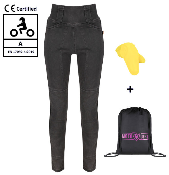 Grey MotoGirl female motorcycle jeggings with high waste pack with yellow knee protectors and a bag
