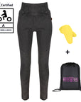 Grey MotoGirl female motorcycle jeggings with high waste pack with yellow knee protectors and a bag