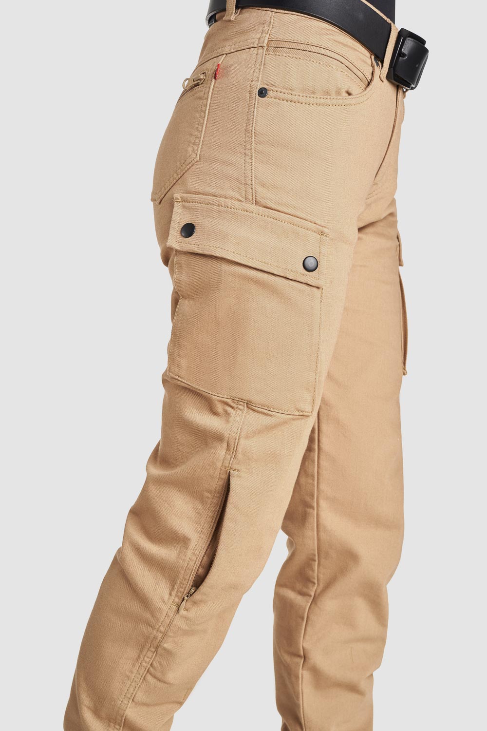 a close up of the cargo pocket on the beige women&#39;s mc pants