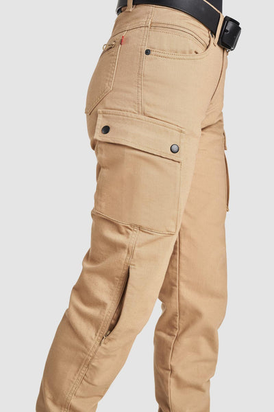 a close up of the cargo pocket on the beige women's mc pants