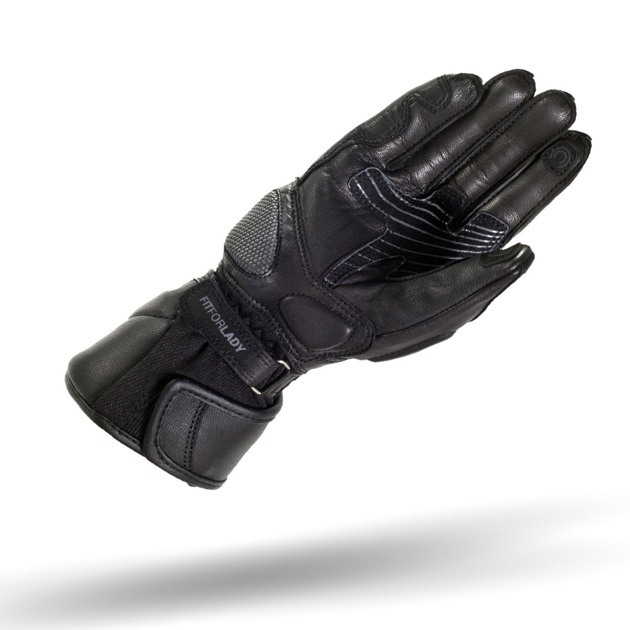 Black female motorcycle glove with small holes from Shima