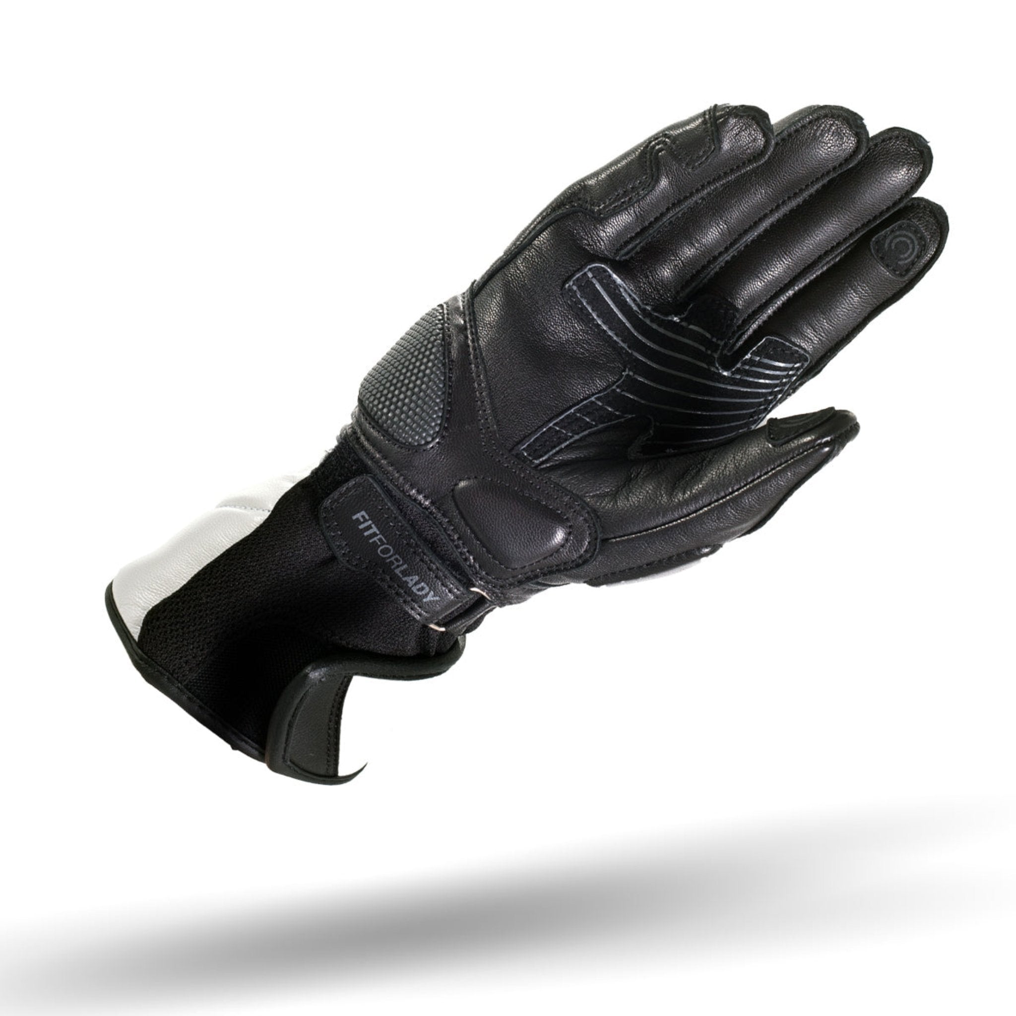 The inner black side of a white Shima female motorcycle glove 