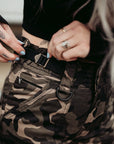 Close up of the waits of women camouflage motorcycle cargo pants from Moto Girl  