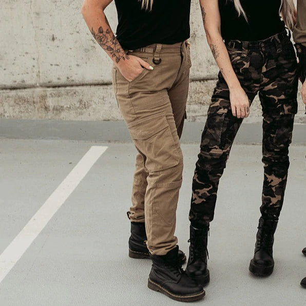 Women legs wearing beige and camo motorcycle cargo pants Lara from moto Girl 