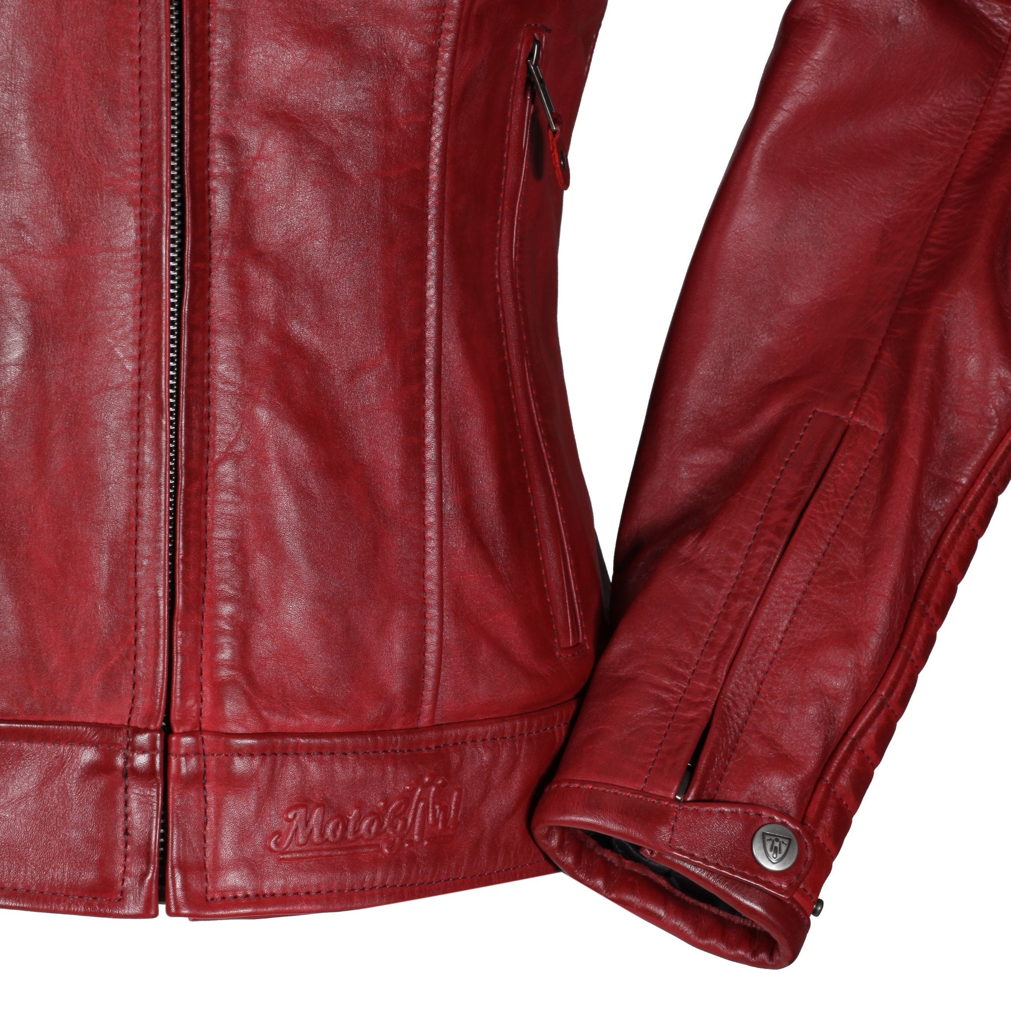 Sleeve close up of a red Valerie motorcycle leather jacket from Moto Girl