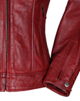 Sleeve close up of a red Valerie motorcycle leather jacket from Moto Girl