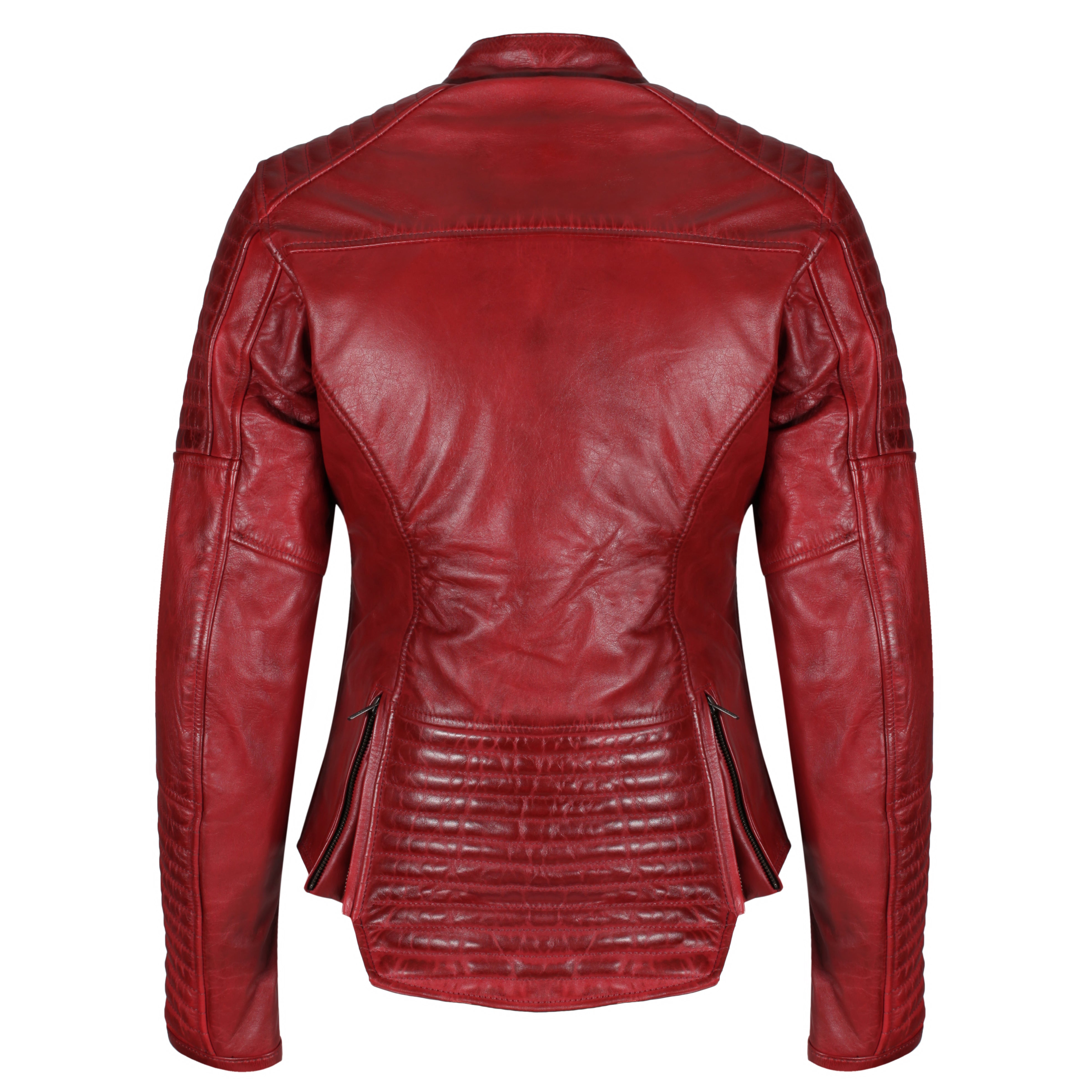 The back of  a red Valerie motorcycle leather jacket from Moto Girl