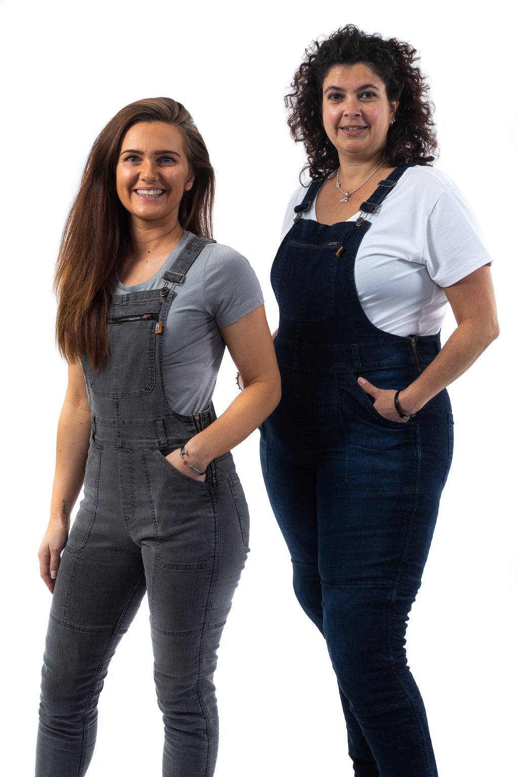 Two women wearing motorcycle overalls 