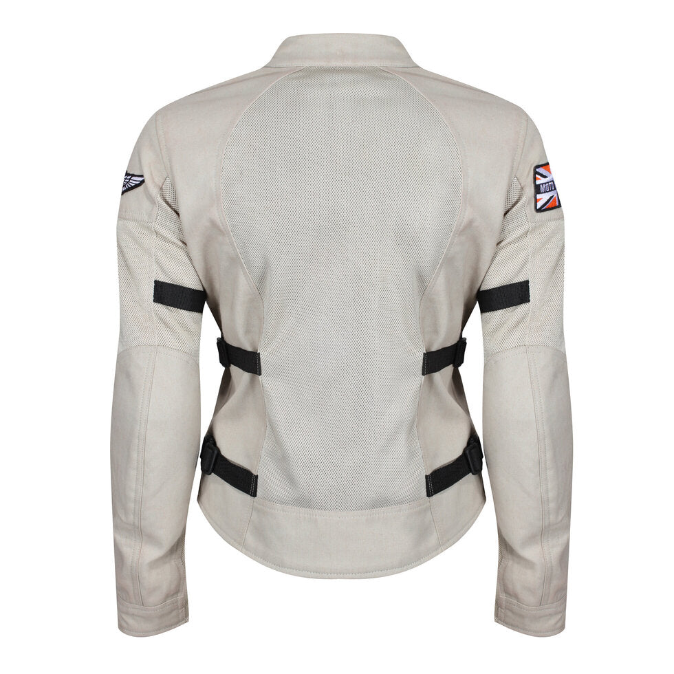 The back of white women&#39;s summer mesh motorcycle jacket from Moto Girl 