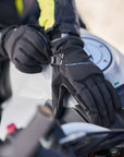 woman's hand on the motorcycle gas tank wearing Black women motorcycle gloves oslo waterproof from shima