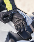 woman's hand on the motorcycle gas tank Black women motorcycle gloves oslo waterproof from shima