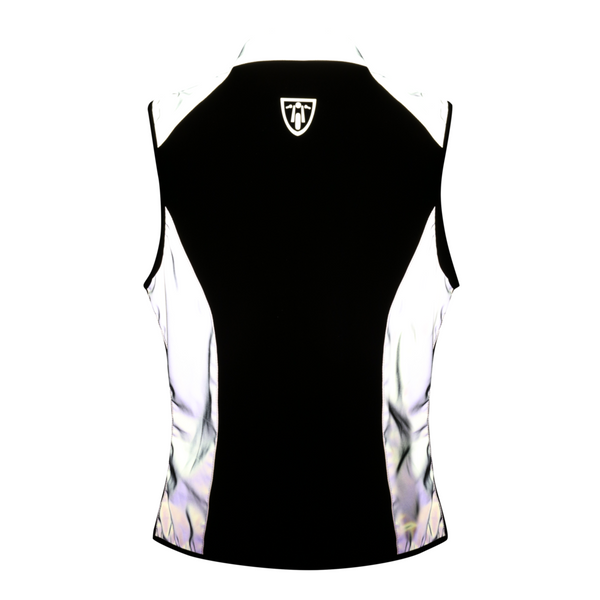 Shiny reflective motorcycle vest with MotoGirl logo from the back