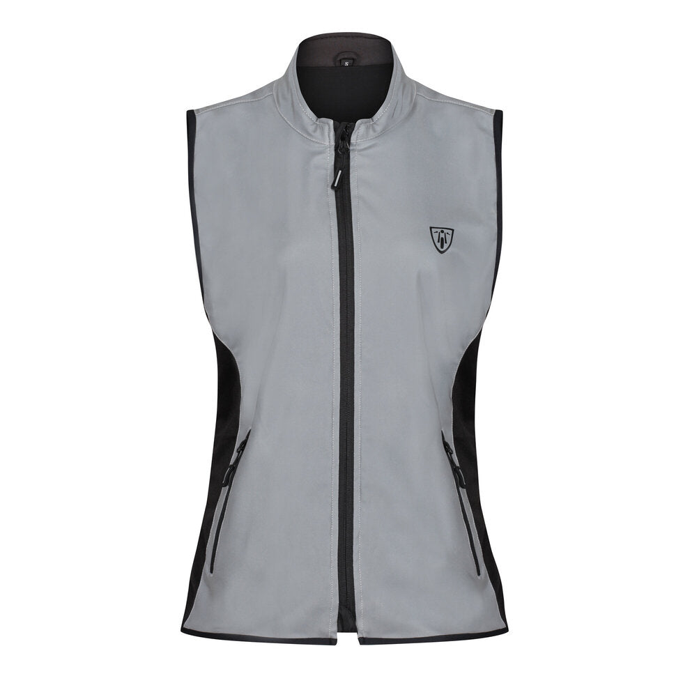 Grey reflective motorcycle vest with MotoGirl logo from the front