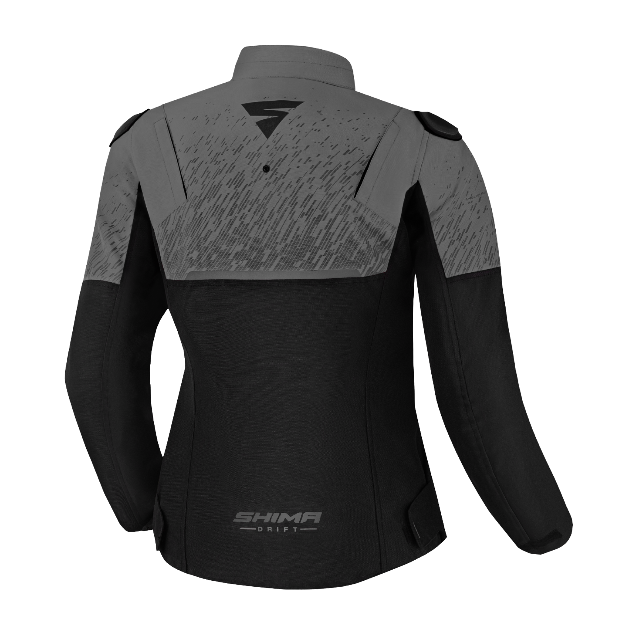 The back of the grey women&#39;s motorcycle jacket from SHIMA