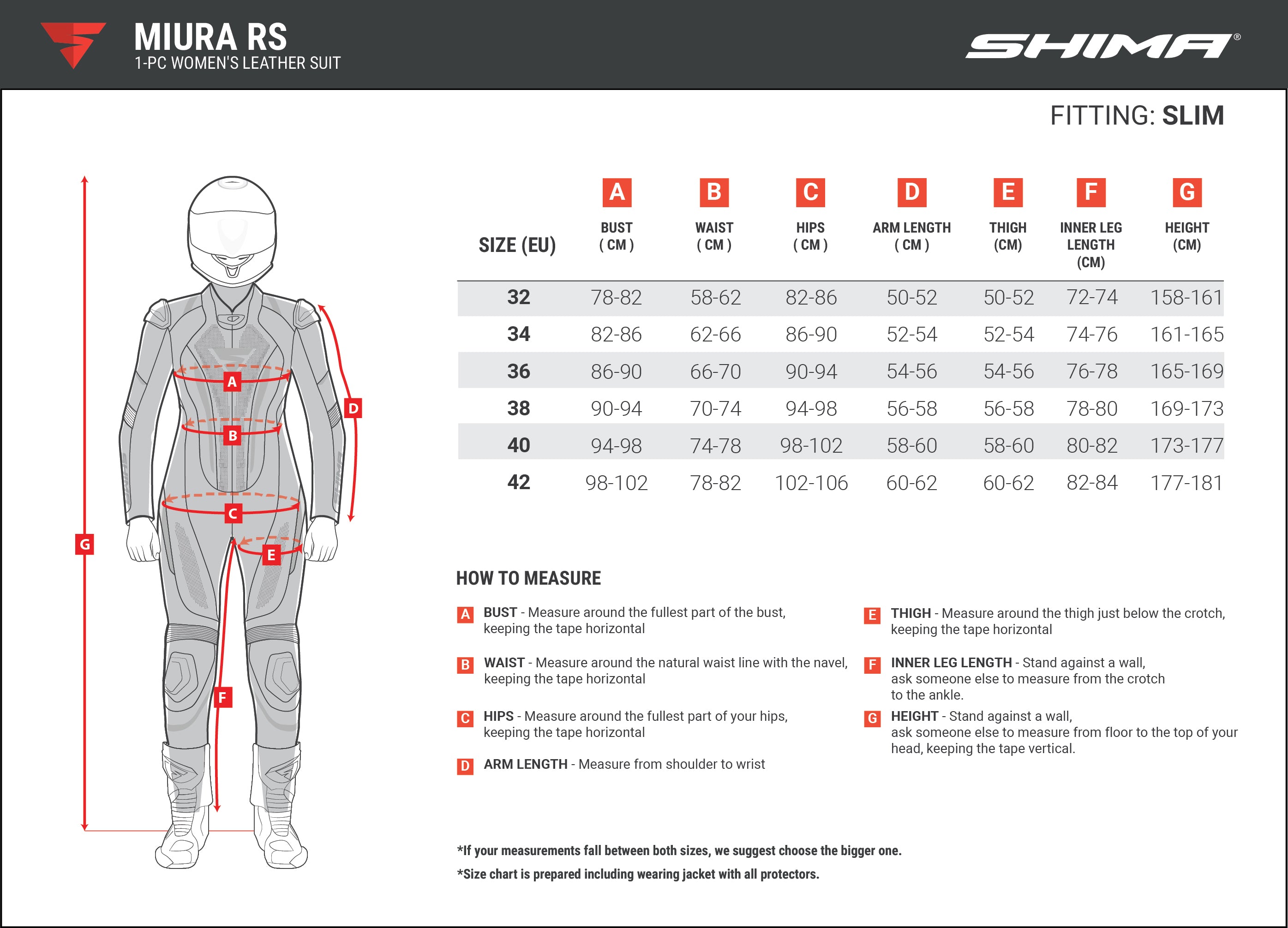 The size chart for women&#39;s motorcycle racing suit from Shima MIURA RS
