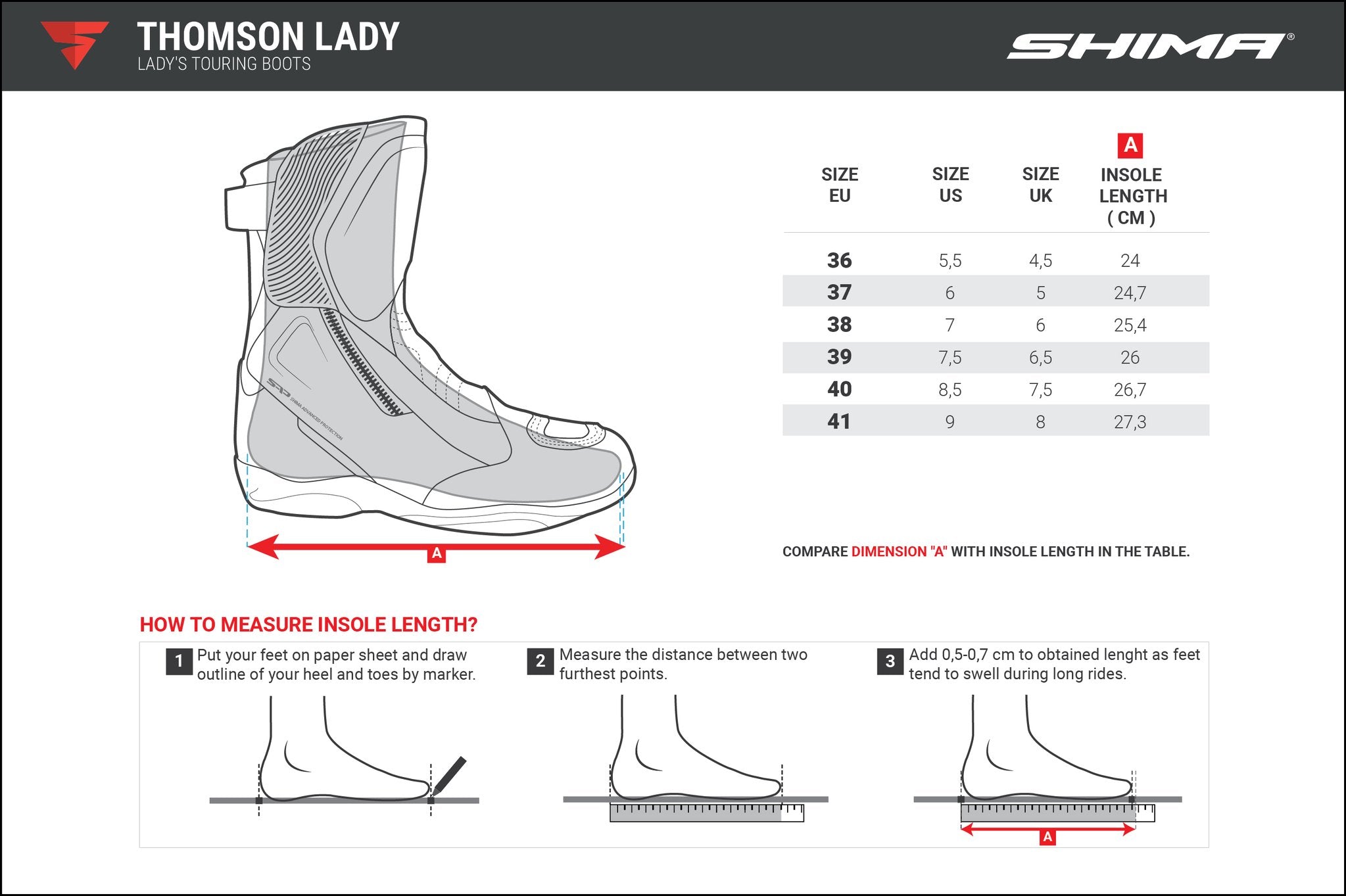 Size chart of women&#39;s motorcycle boots Thomason from Shima