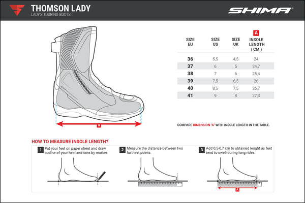 Size chart of women's motorcycle boots Thomason from Shima