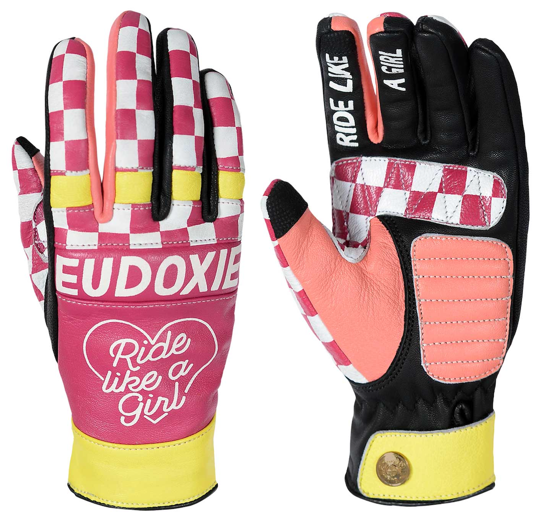 Ride like a Girl pink, black and yellow women&#39;s motorcycle gloves from eudoxie