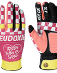 Ride like a Girl pink, black and yellow women's motorcycle gloves from eudoxie