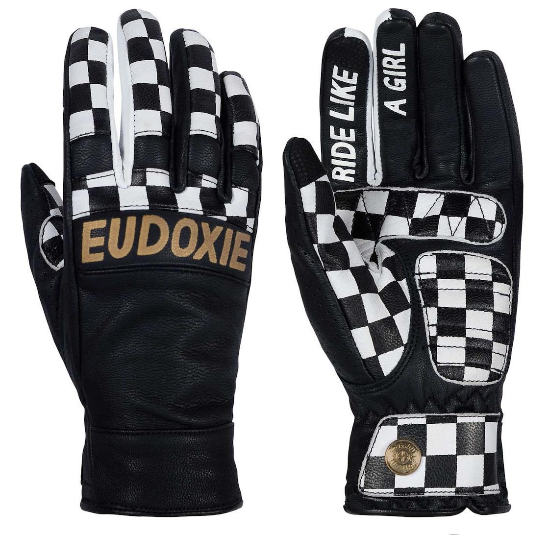 Black and white chessboard motives women&#39;s leather motorcycle gloves from Eudoxie