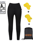 MotoGirl Sherrie black motorcycle leggings and the accessories - yellow hip and knee protectors and a bag