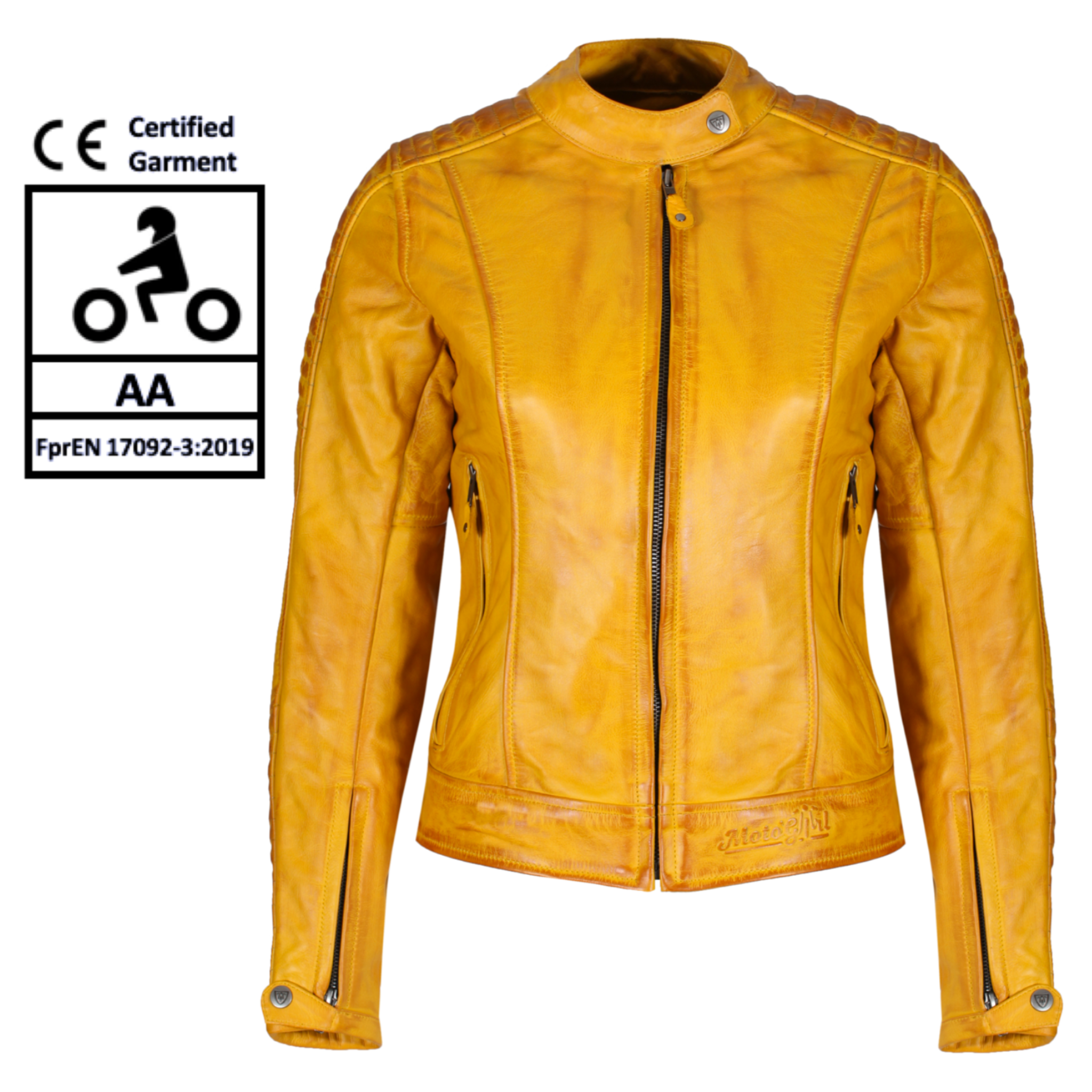 yellow leather women&#39;s motorcycle jacket with reflectors on the sleeves from Moto Girl, featuring safety ratings.